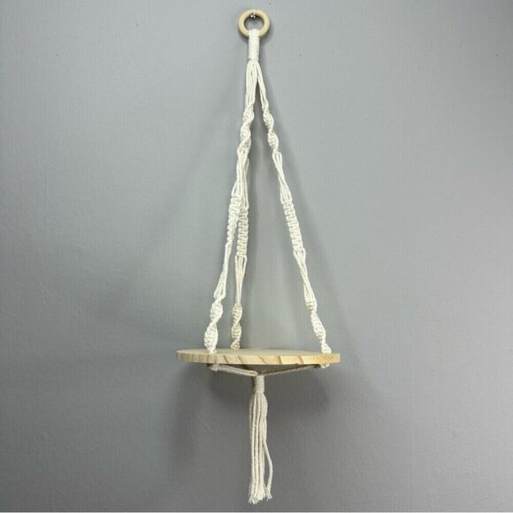 Macrame‎ Hanging Plant Shelf Boho Wood Floating Round Swing Cream 22 Inch NEW